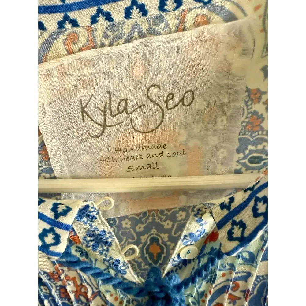 Kyla Seo Small S Blue Orange Floaty Boho Chic Artisan Rayon Bell Tassels Hippie - Picture 5 of 10